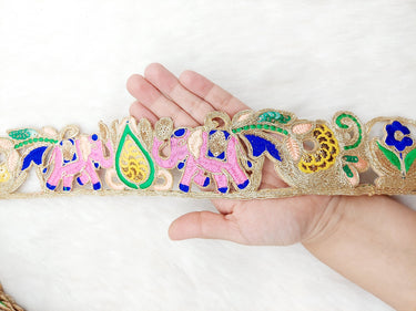 Cutwork Lace Trim With Intricate Hand Embroidered Elephants In Pink and Zardozi Embroidery, Floral Trims, Sari Border